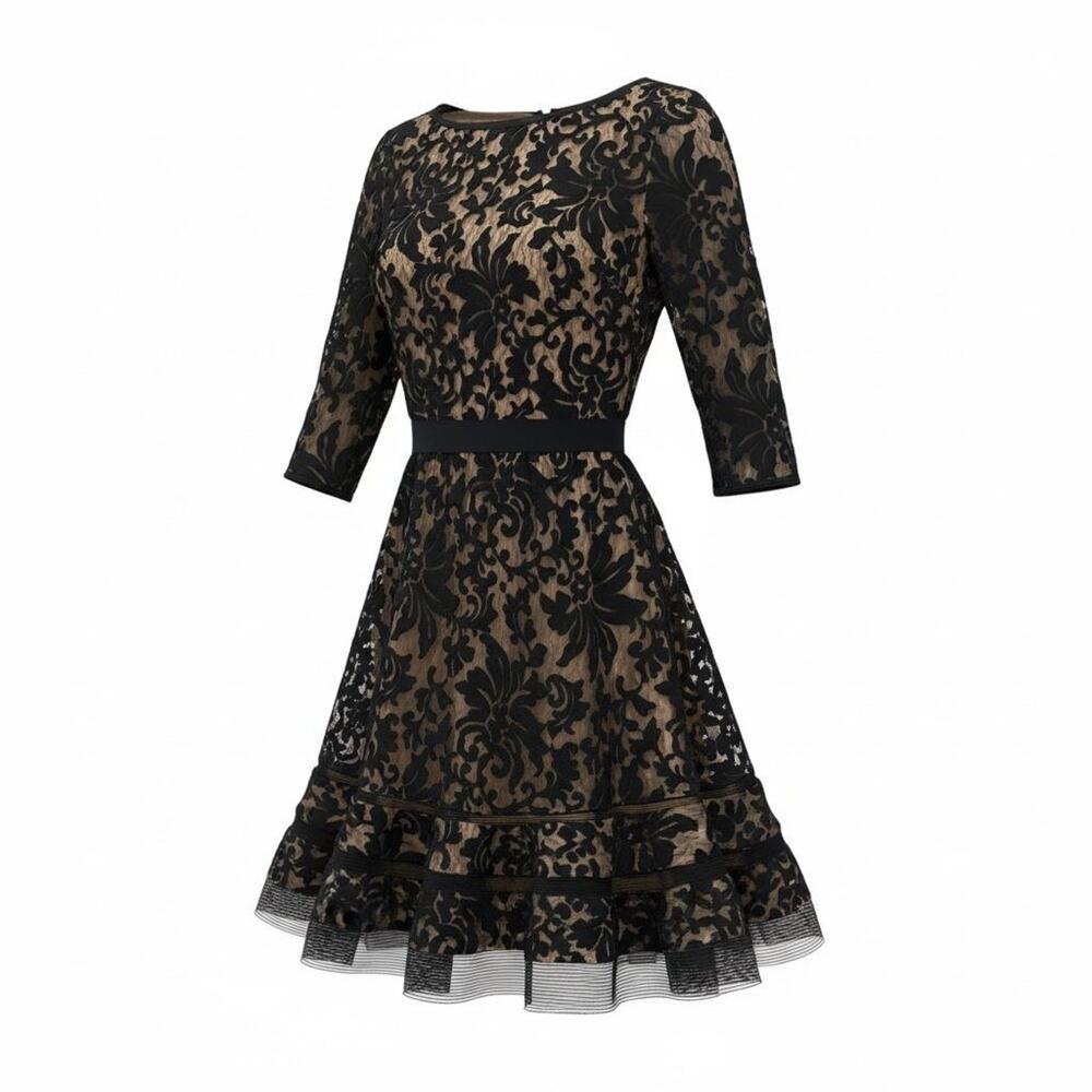 Tadashi Shoji Navy & Beige Lace Dress 3/4 Sleeves